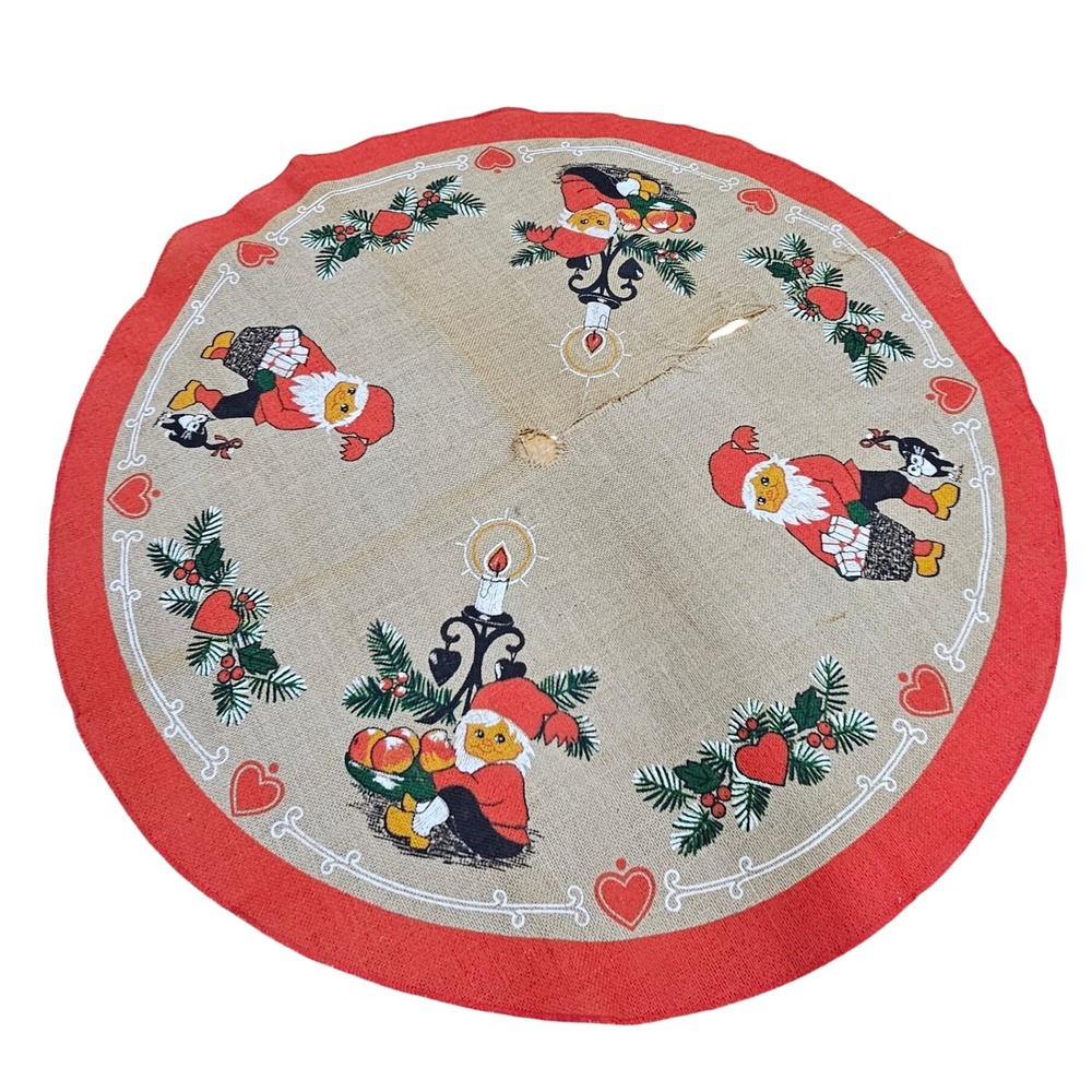 Vintage Burlap Christmas Tree Skirt Gnome Cat Hearts, Rustic Folk Art, Tan Red